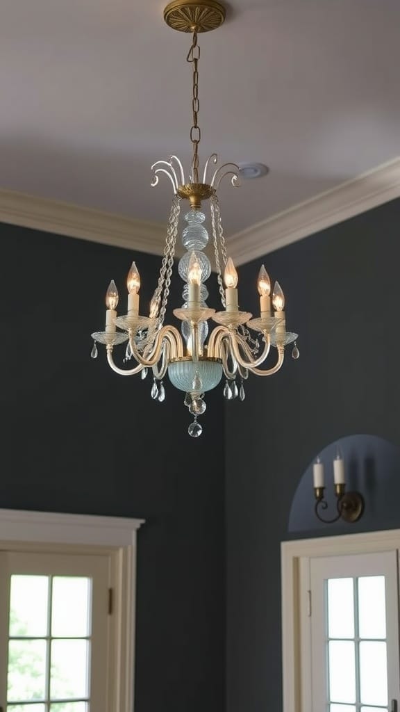 Elegant chandelier with glass elements in a French cottage interior