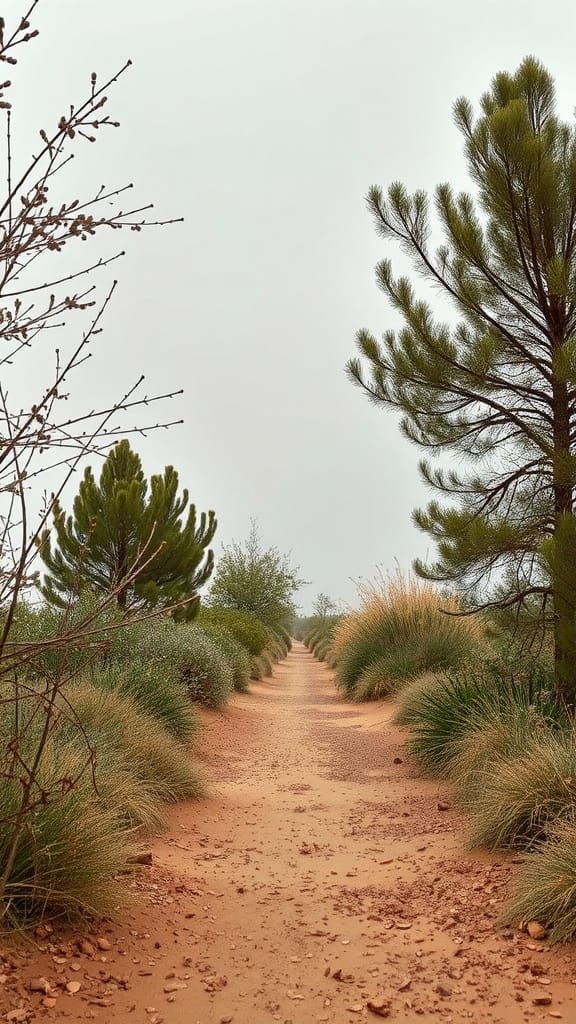 A peaceful pathway surrounded by trees and grass, representing earthy color palettes