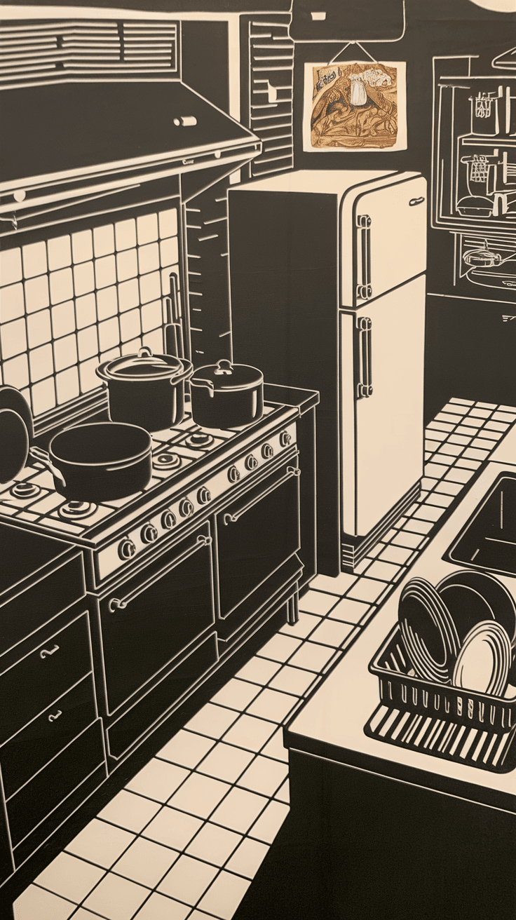 Monochrome artwork depicting a kitchen scene with black cabinetry and white tiles.