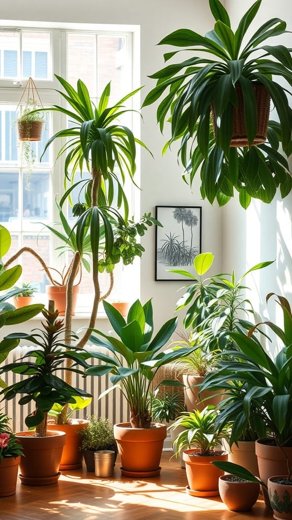 A bright room filled with various potted plants in terracotta pots, showcasing a lively indoor garden.