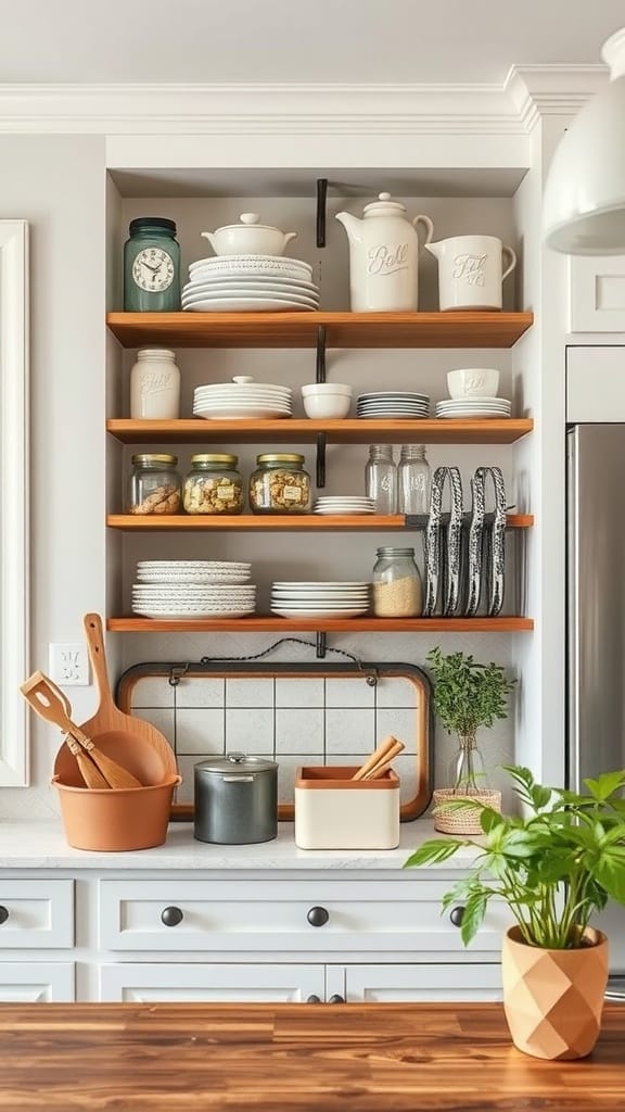 Stylish open shelving in a kitchen displaying white dishes, jars, and plants