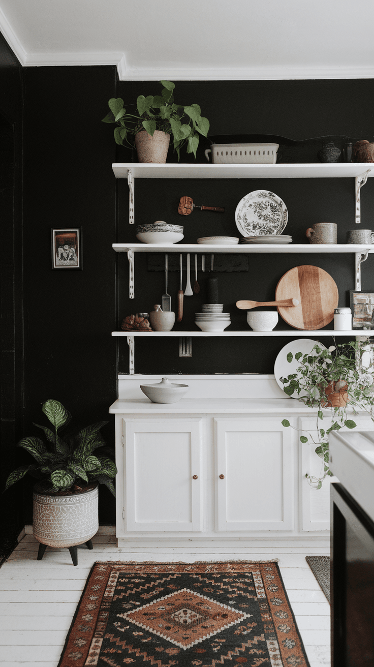 Open shelving in a kitchen with black walls displaying white dishes and wooden utensils.