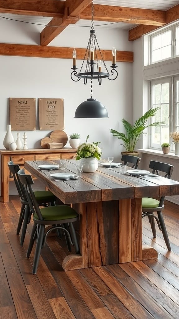 Rustic dining area featuring a reclaimed wood table and black chairs