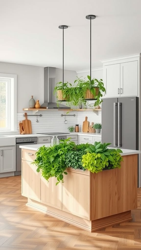 A kitchen island with lush green plants and hanging pots, showcasing a cozy cooking space.
