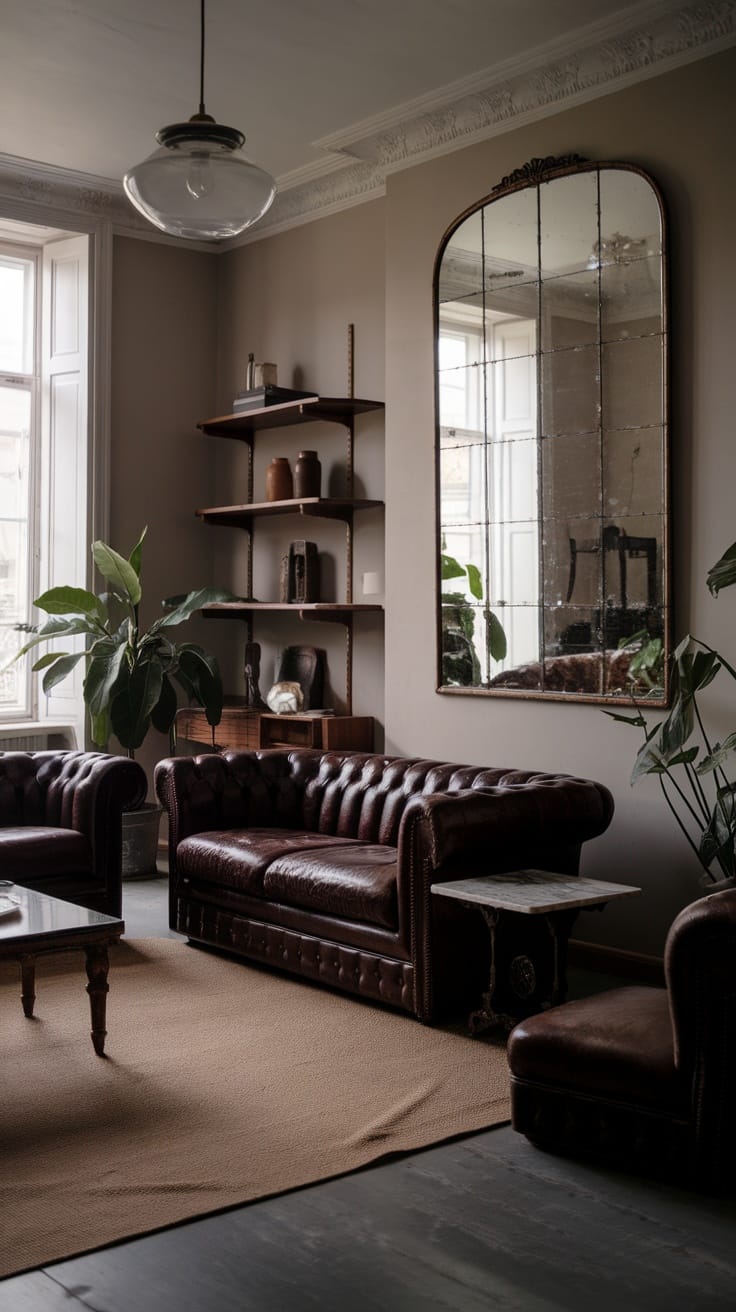 A moody living room featuring vintage leather sofas, wooden shelves with decor, and a large mirror
