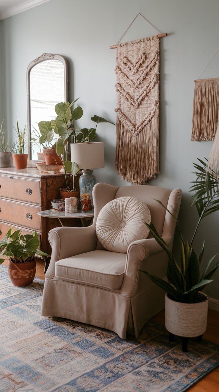 A cozy boho living room featuring vintage furniture, plants, and textured wall hangings.