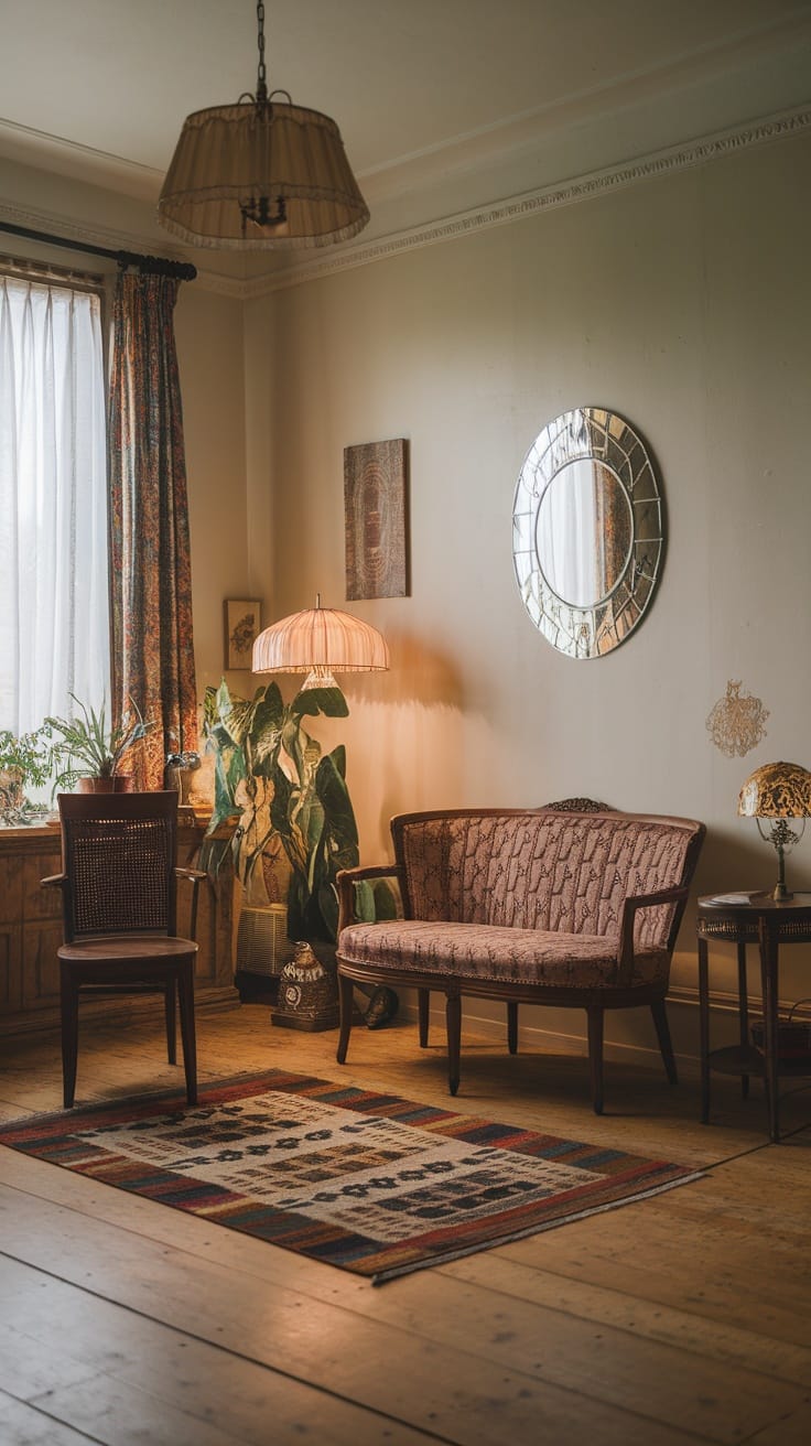 A cozy vintage living room with a patterned sofa, a wooden chair, and soft lighting.