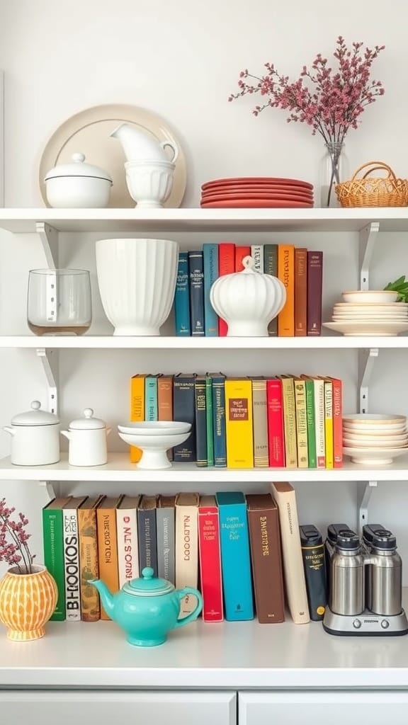 A vibrant shelf with vintage cookbooks, decorative dishes, and a teapot, creating a kitschy kitchen vibe.