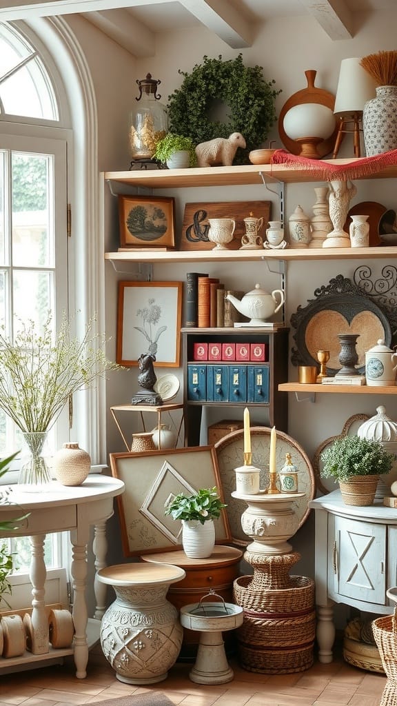 A cozy interior showcasing vintage decor items on shelves and tables.