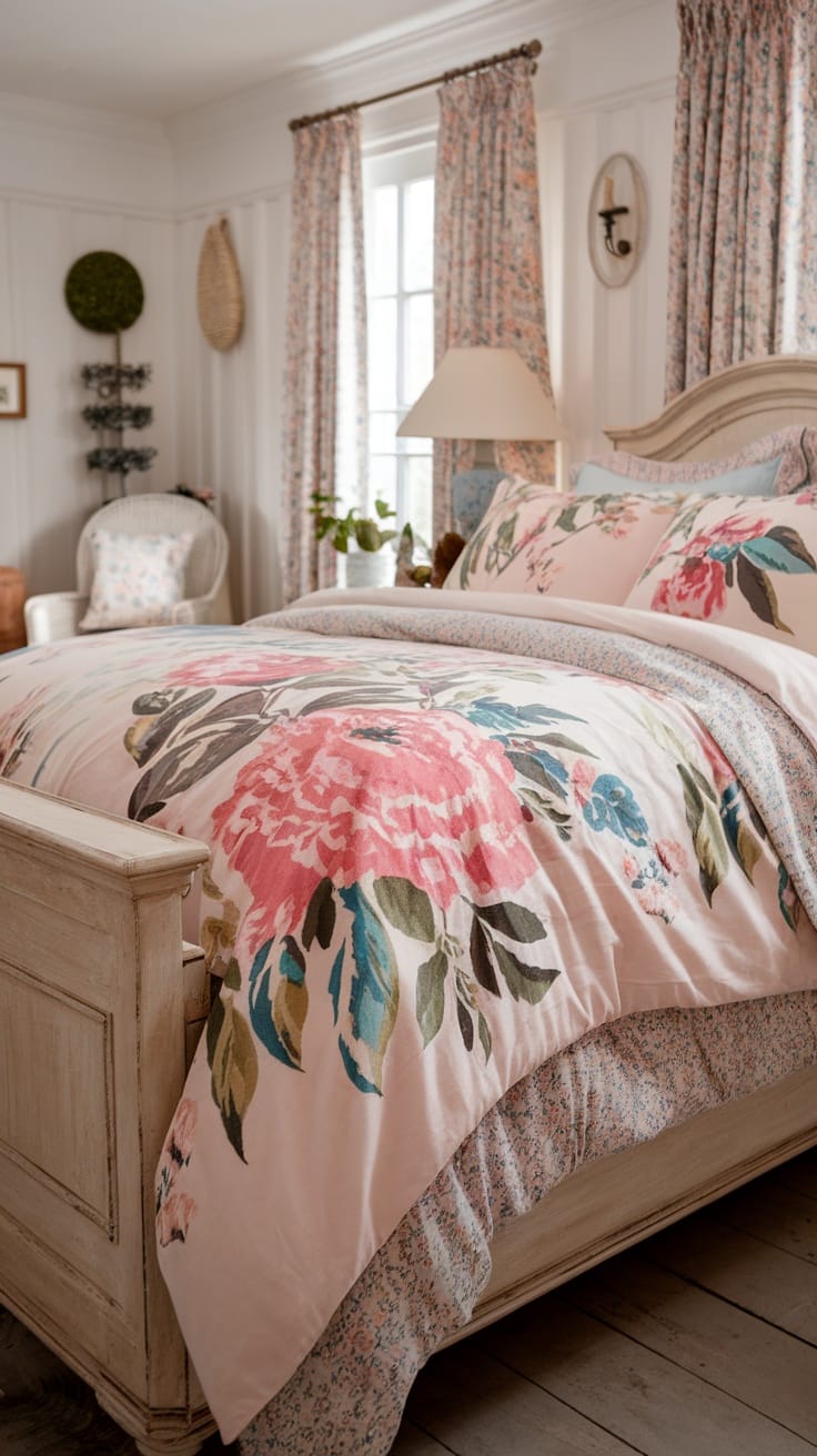 A cozy bedroom with vintage floral bedding featuring pink and blue flower patterns, complemented by natural light and rustic decor.