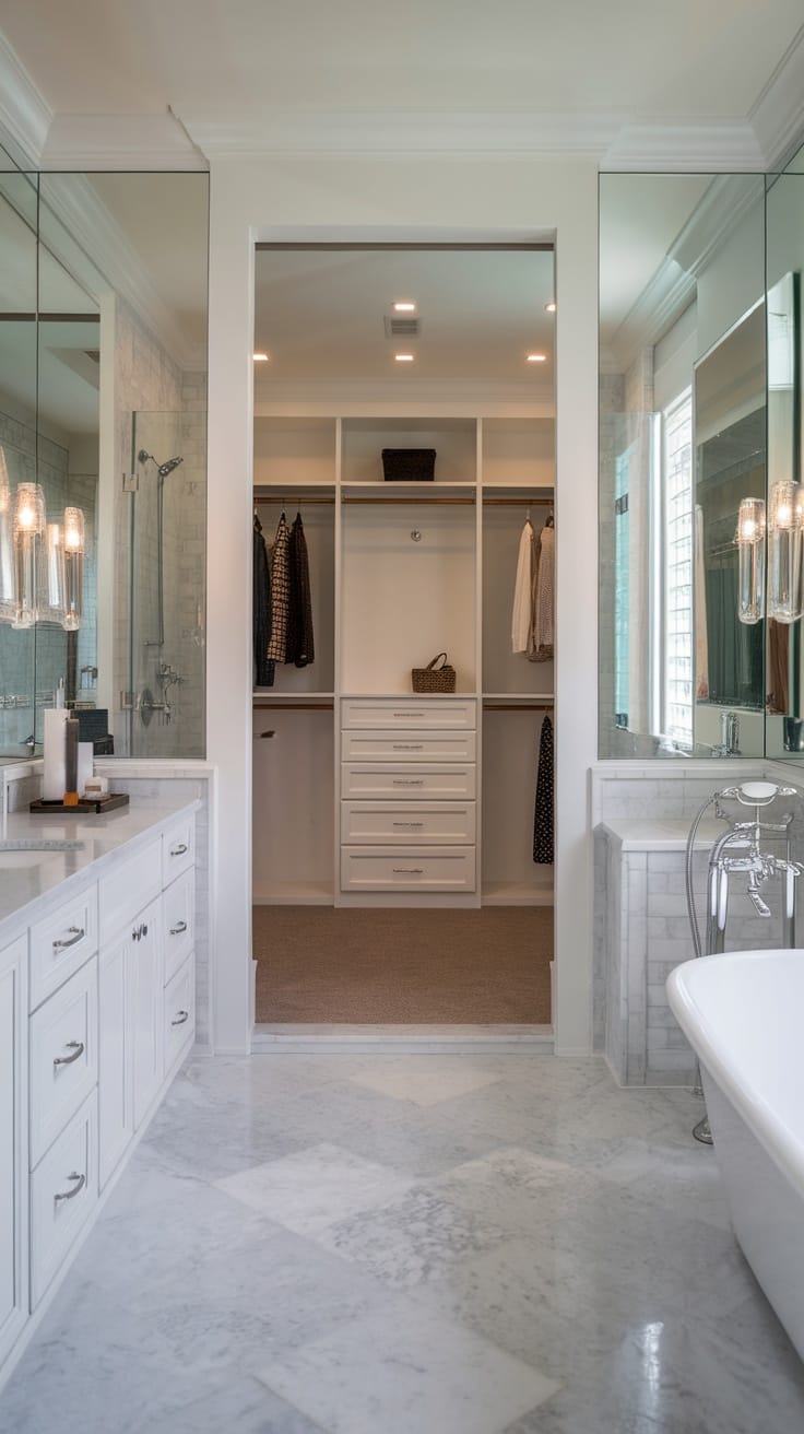 Modern bathroom with a walk-in closet featuring organized shelving and elegant design
