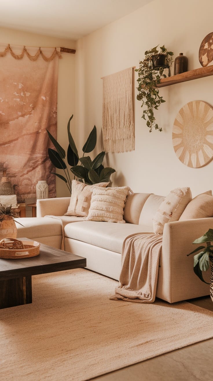 Cozy Boho living room with warm color palette, featuring beige sofa, textured pillows, plants, and woven wall decor.