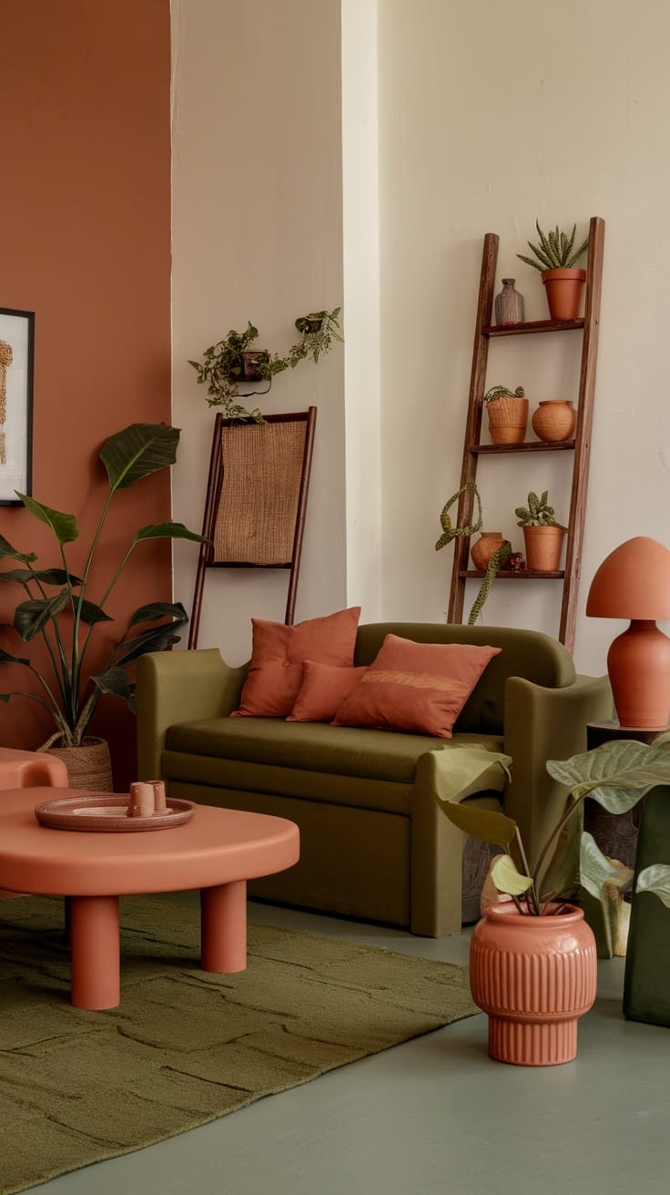 A cozy living room featuring warm earthy colors, a green sofa, terracotta walls, and plants.