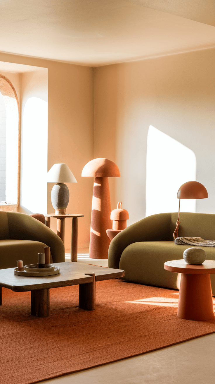 A cozy living room featuring warm earth tones with green sofas, orange accents, and mid-century modern decor.
