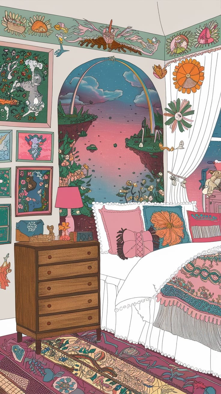 A cozy bedroom decorated with whimsical art and prints, featuring a colorful mural of a sunset and floating islands.