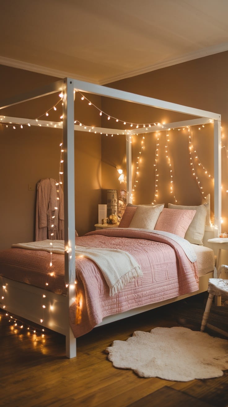 A cozy bedroom with fairy lights draped around a four-poster bed, featuring soft pink bedding and warm tones.