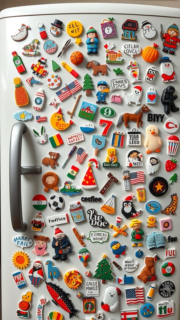A collection of colorful and whimsical fridge magnets on a white refrigerator, featuring various themes like animals, sports, and festive characters.