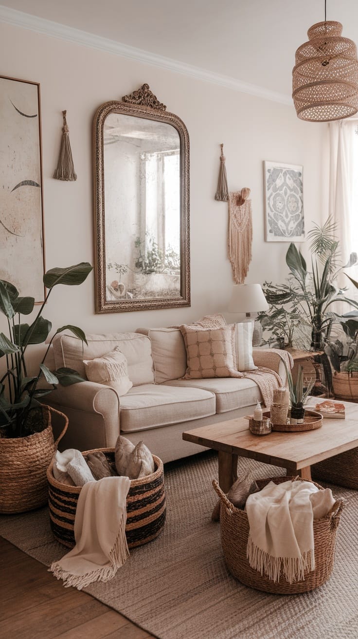 A cozy living room featuring woven baskets for storage among plants and a neutral color scheme.