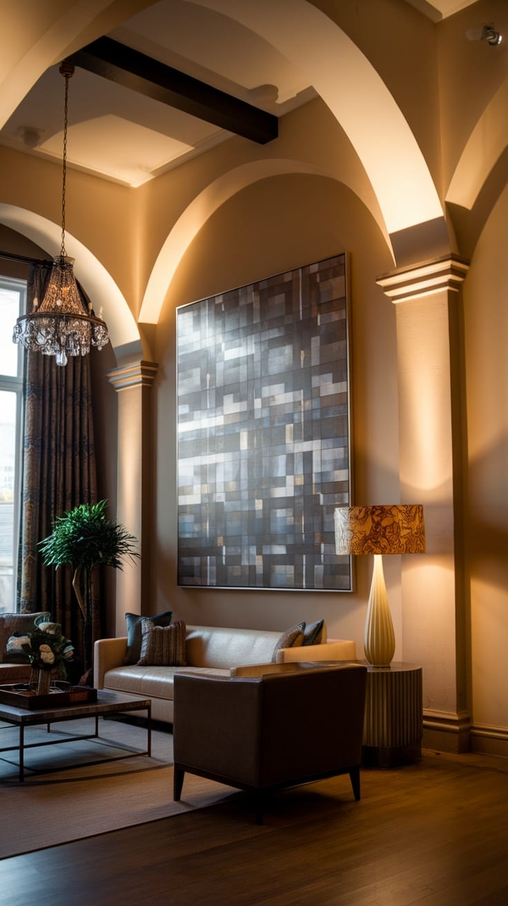 A modern living room with accent lighting features including a chandelier, wall sconces, and stylish lamps.