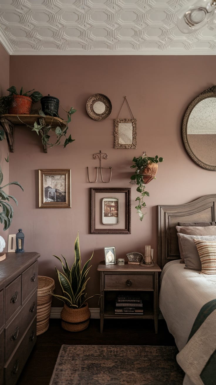 A cozy vintage bedroom with a pink accent wall adorned with various framed pictures and plants.