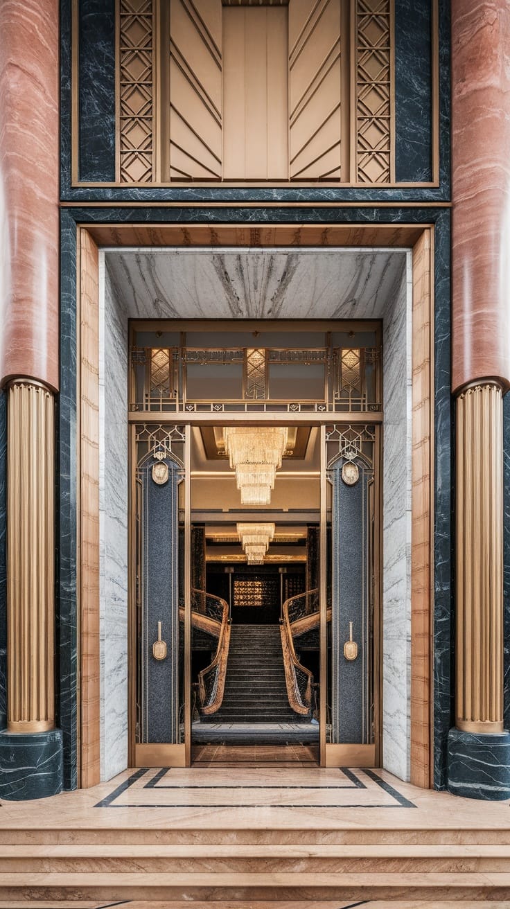 Art Deco style entrance with marble decor and intricate patterns