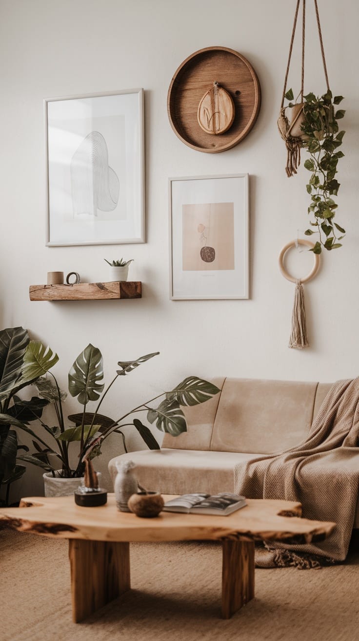 A Japandi living room with artful wall decor, featuring framed prints, a wooden circle piece, and hanging plants.
