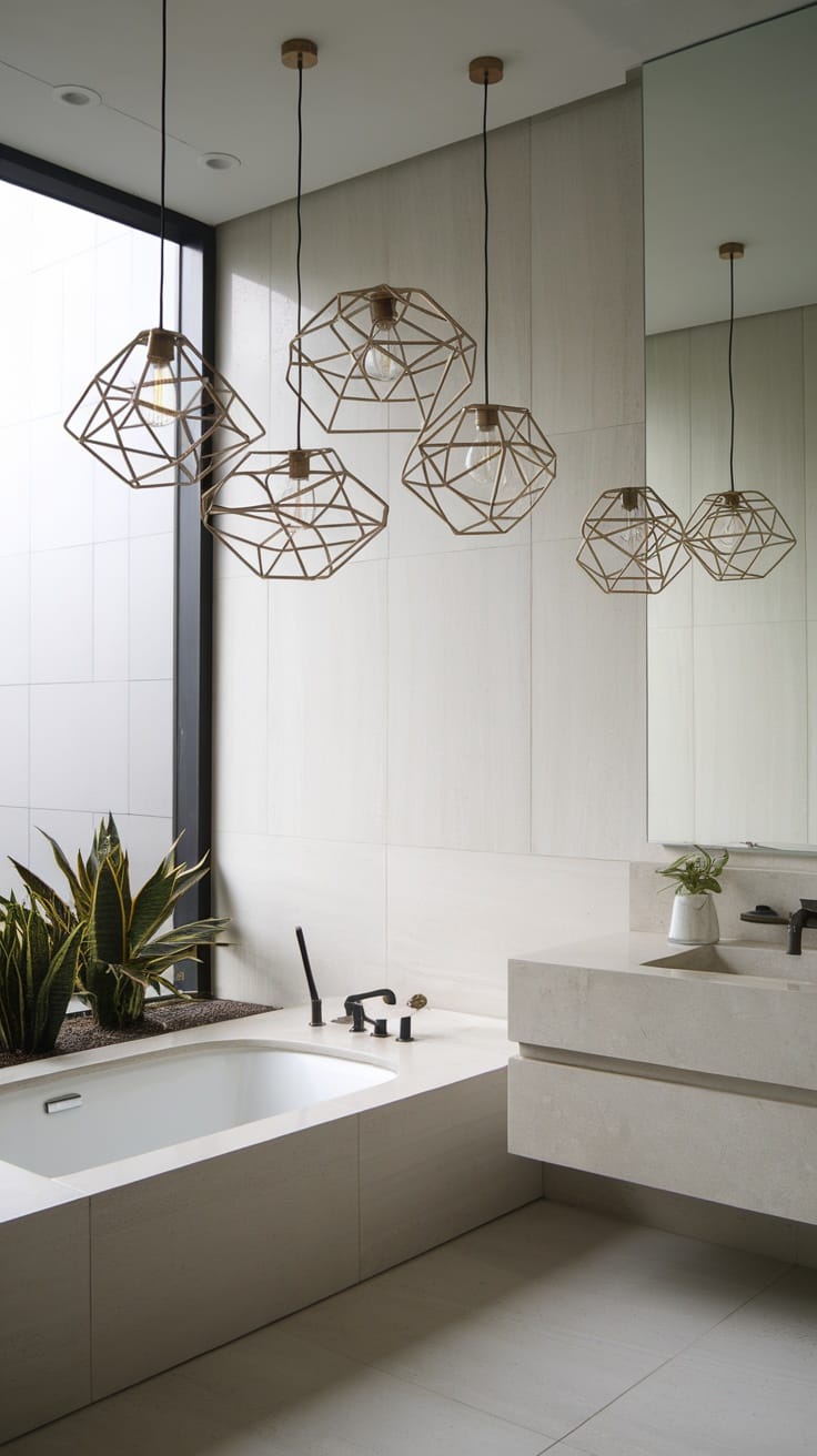 A modern bathroom featuring artistic geometric pendant lights, a bathtub, and a sleek vanity.