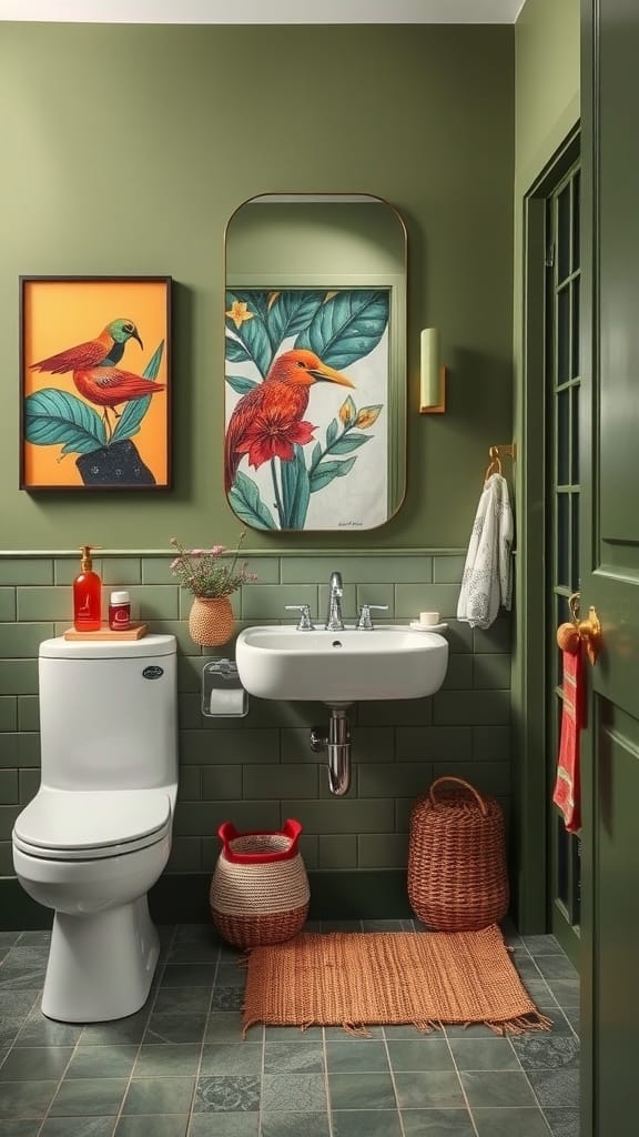 A stylish olive green bathroom featuring artistic bird wall art, a modern sink, and cozy decor.