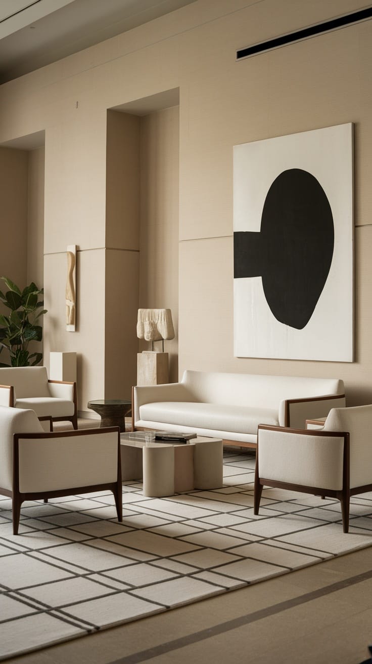A modern living room featuring an abstract painting, sculptural decor, and minimalist furniture.