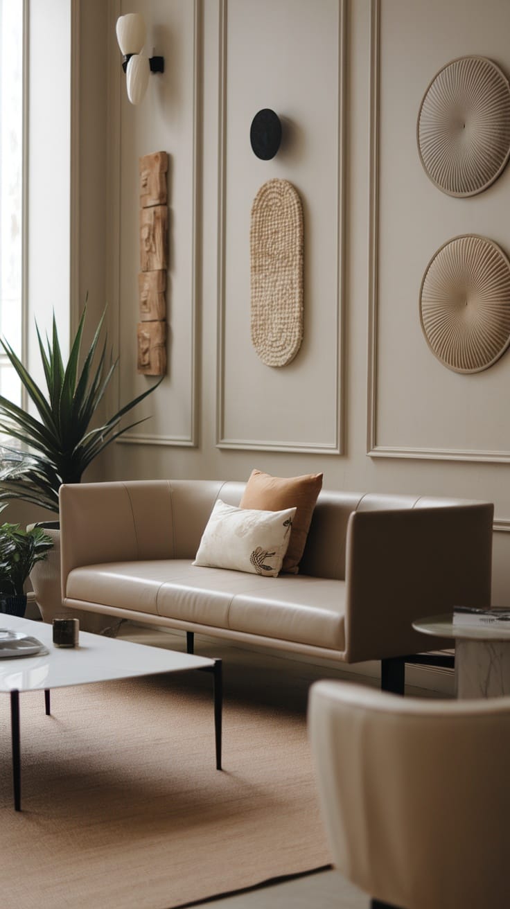 Modern living room with artistic wall decor featuring woven and wooden elements.