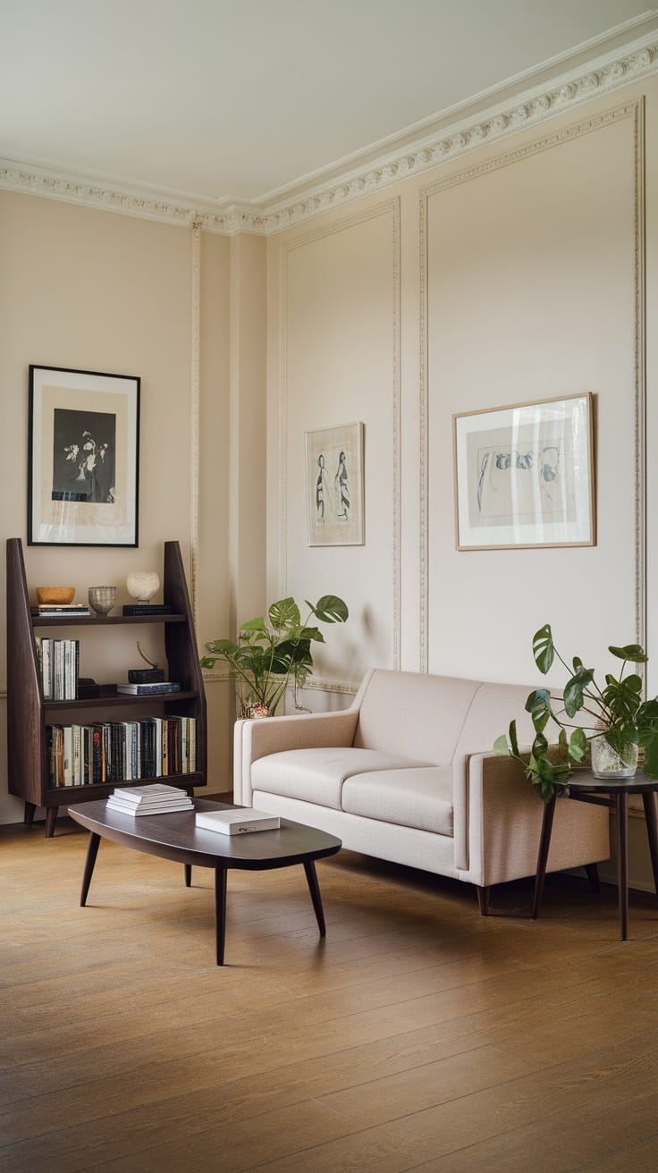 A beautifully arranged Japandi living room with a light color palette, featuring a beige sofa, wooden coffee table, and plants.