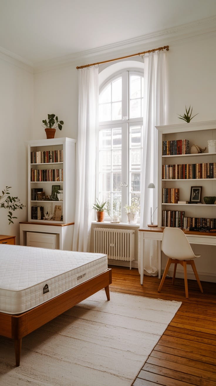 A modern bedroom with a bed, bookshelves, and a desk, featuring large windows and plants.