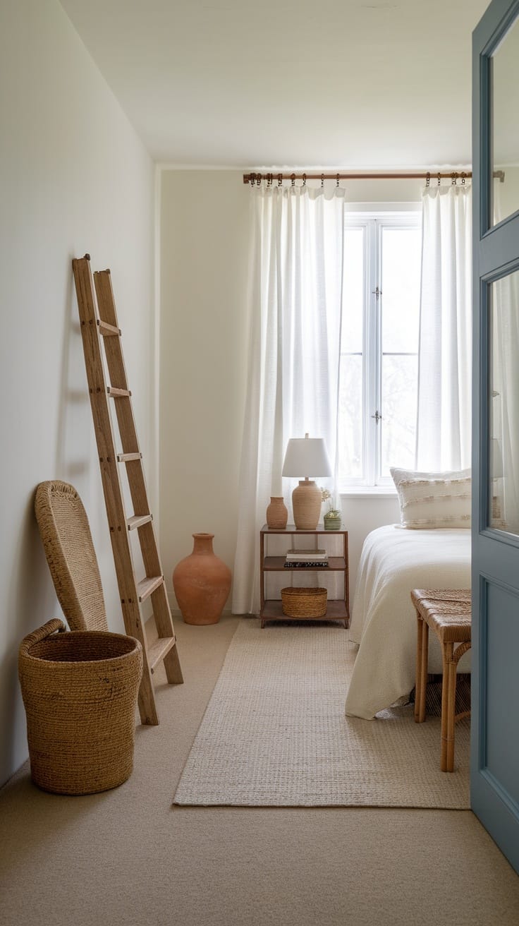A cozy vintage-inspired bedroom featuring a wooden ladder, woven baskets, and a soft color palette.