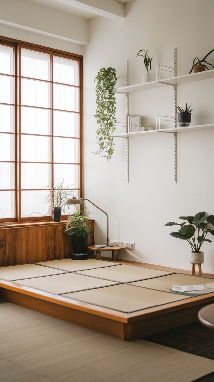A Japandi living room featuring a tatami mat, plants, and minimalist decor