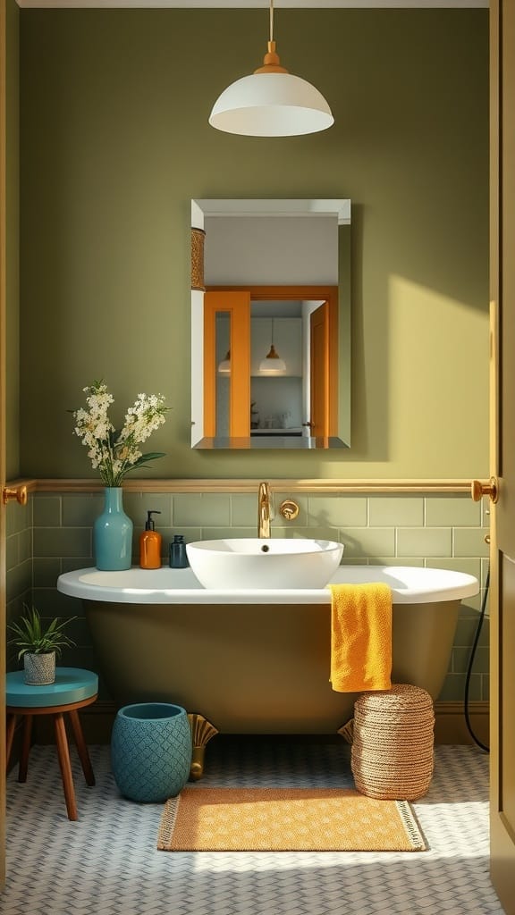 An olive green bathroom featuring a freestanding tub, vibrant orange accents, and colorful decor.