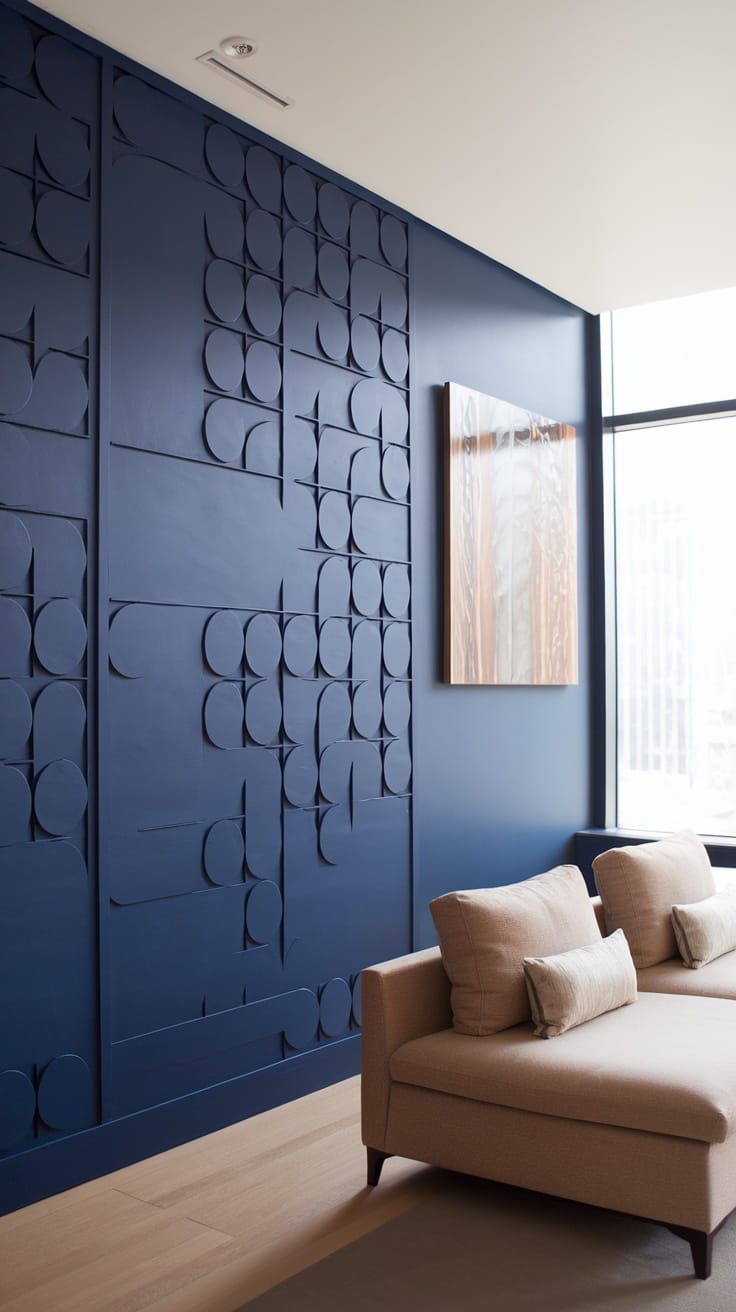 A modern living room with a navy blue accent wall featuring unique shapes and textures, complemented by a light-colored sofa.