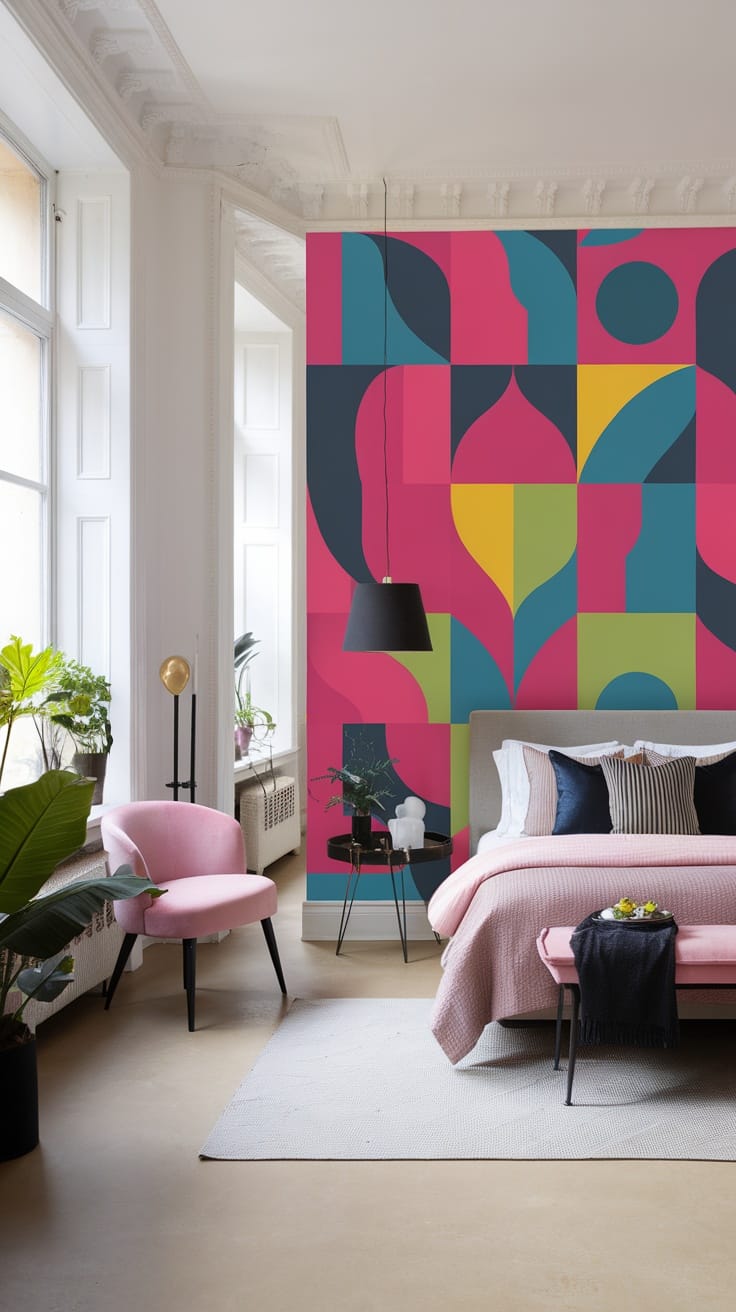 Stylish bedroom with a bold accent wall featuring geometric patterns in vibrant colors.