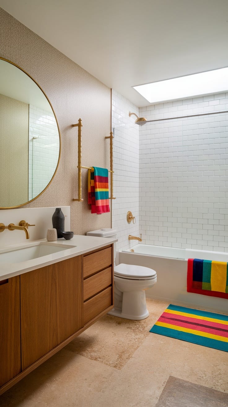 Modern bathroom featuring gold accents and colorful towels.