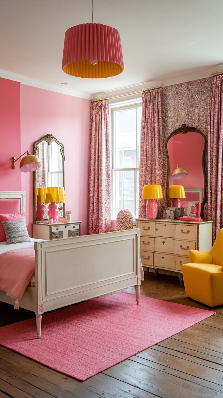 A vintage bedroom with bold color palette featuring pink walls, yellow lamps, and wooden flooring.