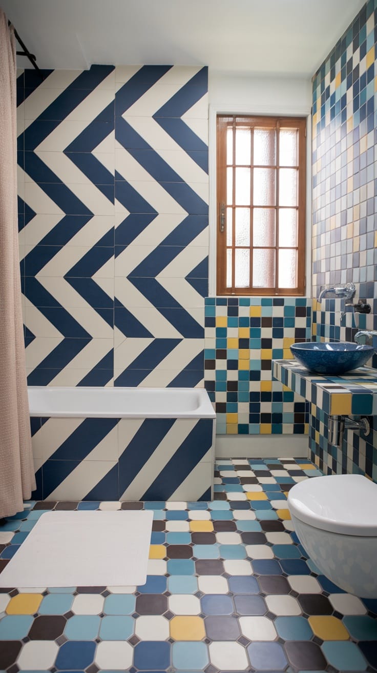 A small bathroom featuring bold tile patterns with a mix of geometric designs in navy blue, white, and colorful tiles.