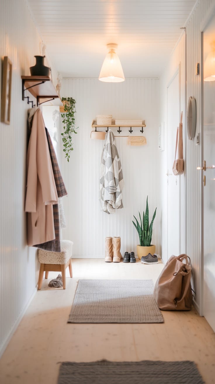 A bright and airy Scandinavian hallway with light wooden flooring, white walls, and minimal decor.
