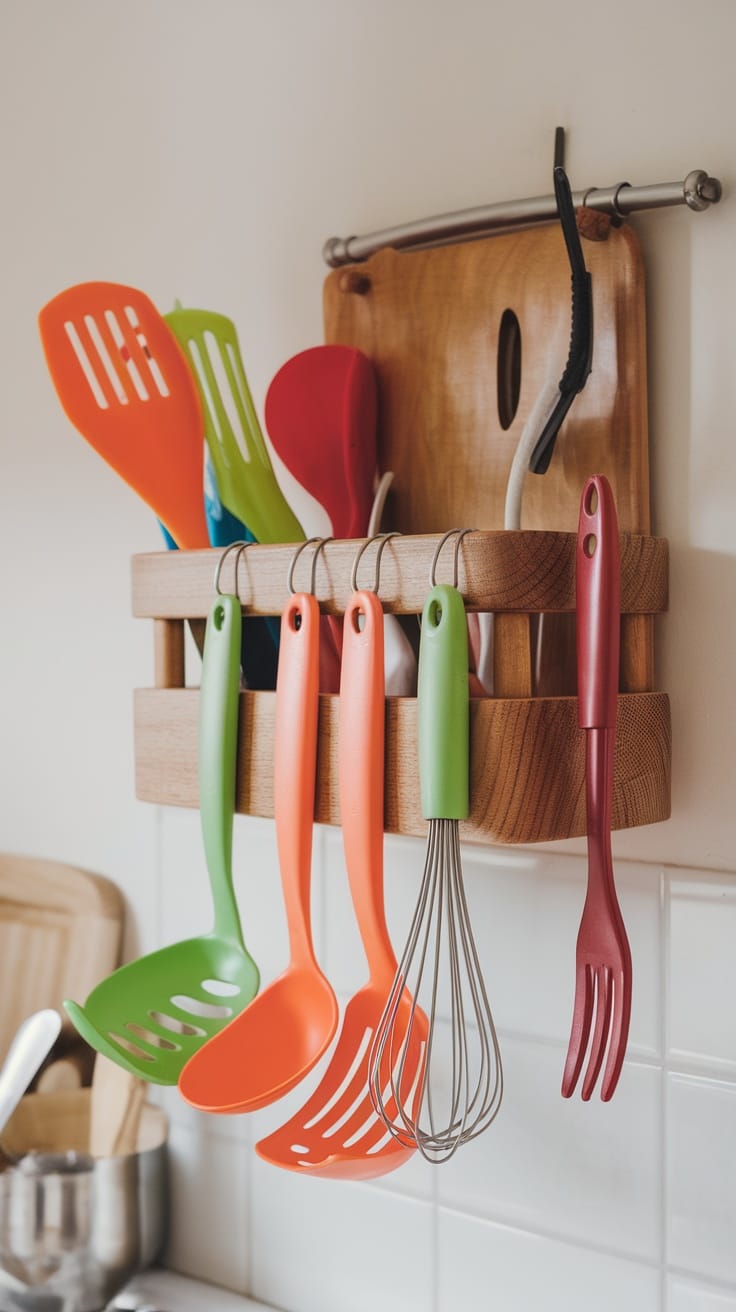 Brightly colored kitchen utensils hanging on a rack
