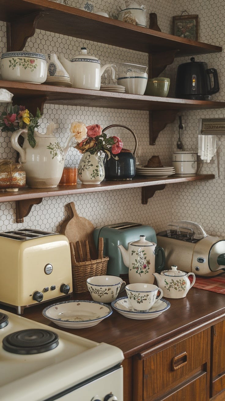 A cozy kitchen with vintage tableware on wooden shelves, featuring floral patterned ceramic cups and pots.