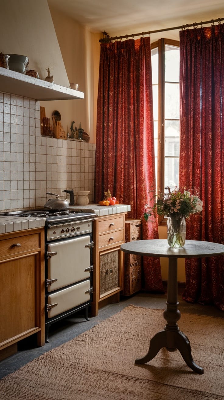 Charming kitchen with red curtains, wooden cabinets, and a small table with flowers