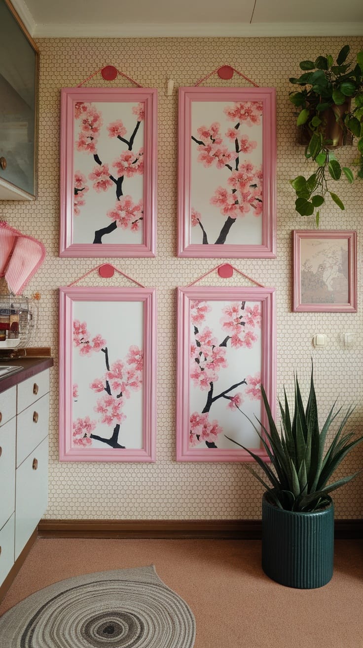 Cherry blossom wall art in a pink retro kitchen