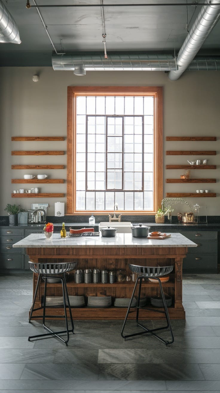 Chic urban loft kitchen featuring a marble island, dark cabinets, and vintage decor.