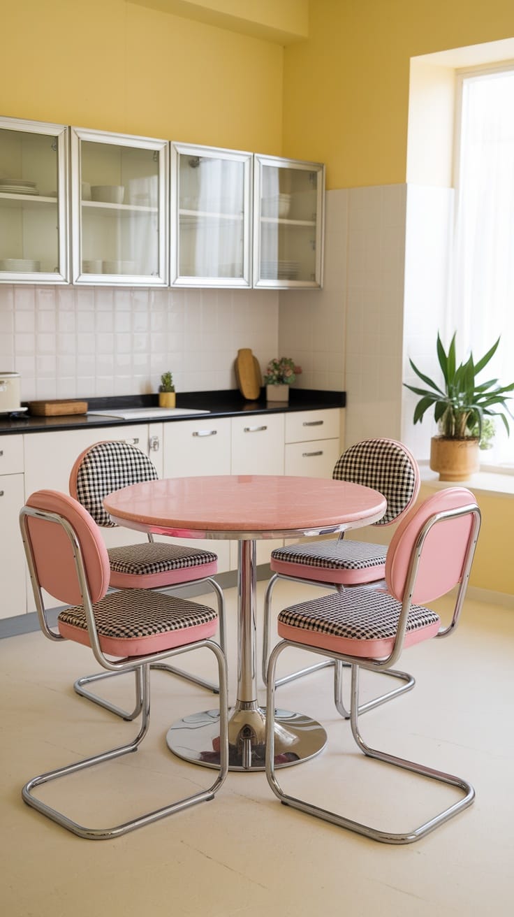 A classic retro dining set with a pink table and checkered chairs in a bright kitchen