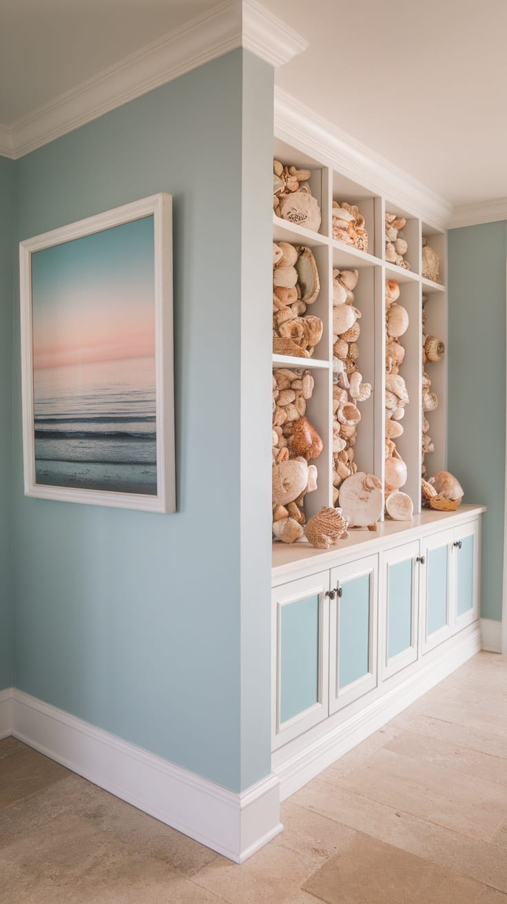 A coastal-themed hallway featuring light blue walls, a display of shells on shelves, and ocean artwork