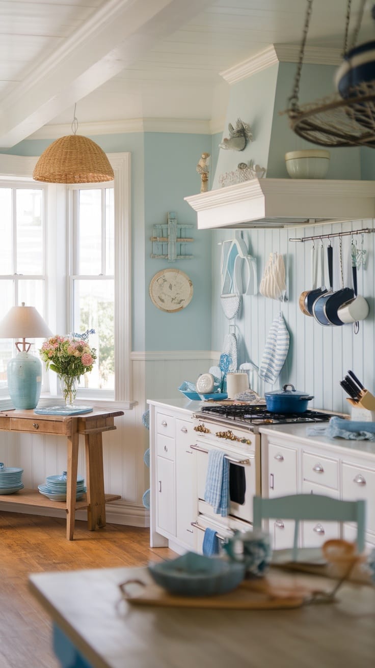 A bright coastal kitchen with blue walls, vintage cabinets, and a wooden table with flowers.