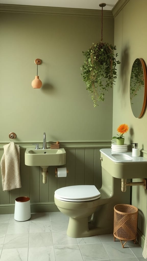 A small bathroom featuring olive green walls, a white sink, and earthy accents.
